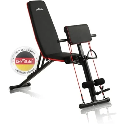 Afbeelding van DH FitLife Halterbank, inklapbaar, met curlbank en beenstrekker, multifunctionele trainingsbank, fitnessbank, buiktrainer, 7 niveaus, verstelbaar