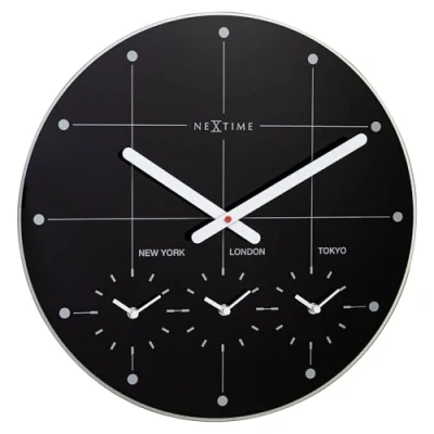 Afbeelding van Nextime Ne 8197Zw Wereldtijden Klok Stille Wandklok 43Cm Zwart Glazen &quot;Big Cit