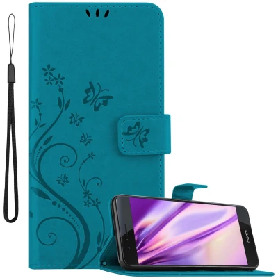 Afbeelding van Cadorabo Hoesje geschikt voor Honor 8 / PREMIUM in BLOEMEN BLAUW Beschermhoes bloemmotief met magnetische sluiting, standfunctie en kaartsleuven Book Case Cover Etui