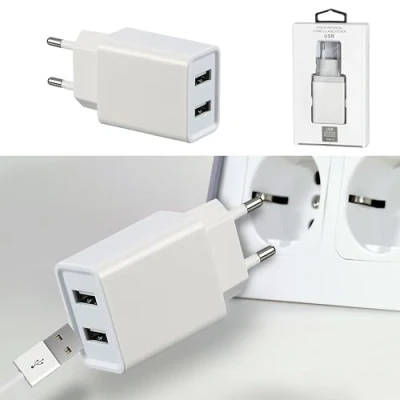 Afbeelding van USB oplader met 2 stopcontacten, 5 V, A, 10 W, 110 220 56 60 Hz, kunststof, wit, netadapter (1 x dubbele V A)