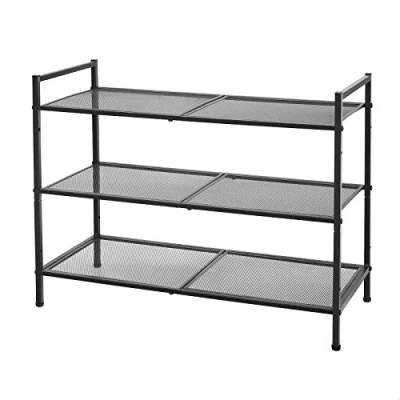 Afbeelding van Schoenenrek met 3 planken, stapelbaar, Schoenenopslag, voor 9 12 paar schoenen, Schoenenstandaard van metaal, Hal, Woonkamer of Badkamer, zwart LMR17BK