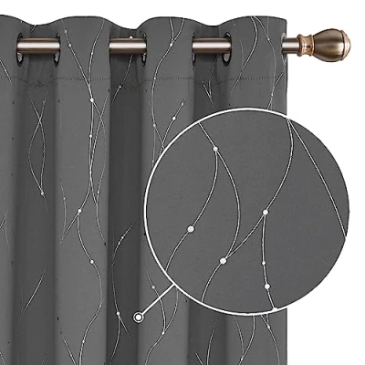 Afbeelding van Deconovo Set van 2 thermische verduisterende gordijnen, tegen de kou, bedrukt, zilverkleurig, ringen, slaapkamer, volwassenen, lichtgrijs, 140 x 229 cm