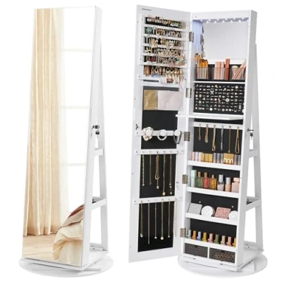 Afbeelding van SONGMICS JJC007W01 Sieradenkast met spiegel op poten, afsluitbaar, 6 leds, voor het opbergen van sieraden, 360 draaibaar, zonder frame, 3 legplanken, zwarte voering, wit