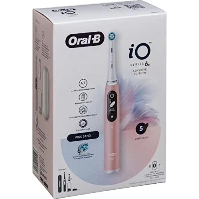 Image de Oral B iO 6 Sensitive Edition Brosse à dents Electric Toothbrush, Technologie magnétique, 2 brosses, 5 modes de brossage pour soins dentaires, affichage et étui voyage, conçu par marron, sable rose