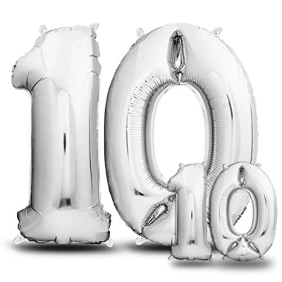 Afbeelding van envami® Verjaardagsballon 10 jaar, 101 + 40 cm, cijferballon, decoratieset verjaardag jongens en meisjes, Happy Birthday decoratie/ ballon, zweeft dankzij helium, zilver