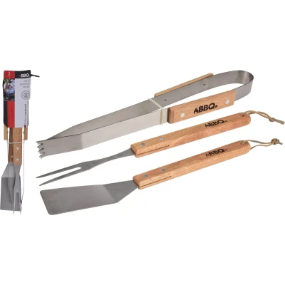 Afbeelding van BBQ gereedschapset met houten handvat 3 delig