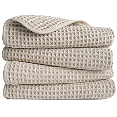Afbeelding van POLYTE Set van 4 pluisvrije microvezel handdoeken, 40 x 76 cm, beige (wafelweefsel)