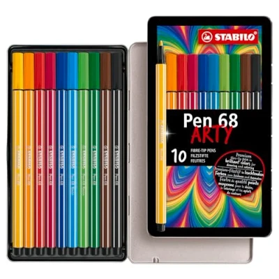 Image de STABILO Stylos feutres Pen 68, étui métallisé de 10 pièces largeur tracé: 1,0 mm, encre inodore à base d&#039;eau, peut rester ouvert 24 heures sans sécher, point