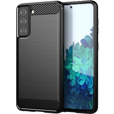 Afbeelding van Cadorabo Hoesje geschikt voor Samsung Galaxy S21 PLUS in Brushed Zwart Beschermhoes van flexibel TPU siliconen roestvrij staal carbonvezel look Case Cover