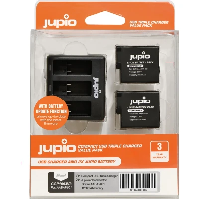 Afbeelding van Jupio Value Pack: 2x Battery GoPro HERO5/6/7, HERO (2018) AHDBT 501 1260mAh + Compact USB Triple Charger (update version)
