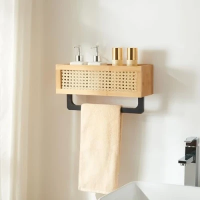 Afbeelding van Wandrek Tervola met handdoekhouder 36x12,5x18,5 cm naturel rotan look zwart [en.casa]
