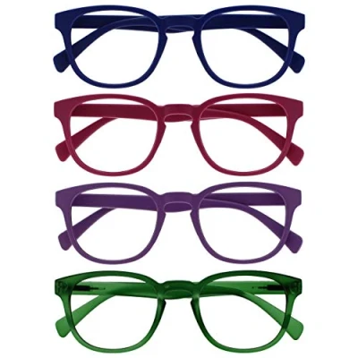Afbeelding van OPULIZE Pop Pack 4 Retro Rond Blauw Roze Paars Groen Mannen Vrouwen Leesbril Spring Scharnieren RRRR2 3456 +3,50