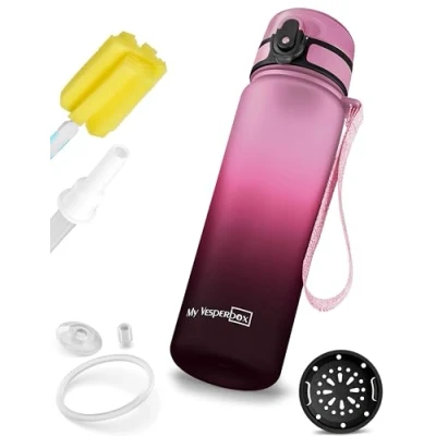 Afbeelding van Minny drinkfles 350, 500, 750 ml, My Vesperbox lekvrije voor kinderen, met rietje of zeef, BPA vrij, kleuterschool, school (roze, paars, zwart, ml)