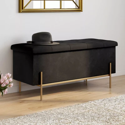 Image de Banc coffre rangement LOUIS avec pieds métal doré 100 cm velours noir