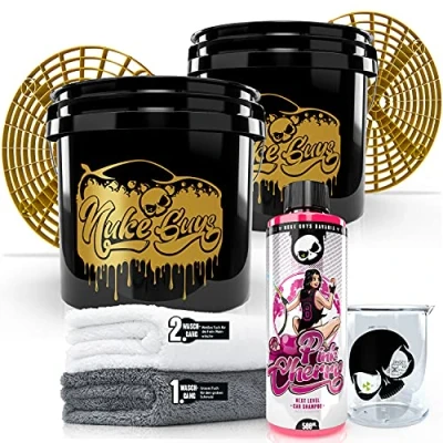 Afbeelding van Nuke Guys 2 x Pink Cherry autowasemmer 500 ml + GritGuard Used Look Edition 3,5 GAL Grit Guard spatlappen microvezel wasdoeken maatbeker