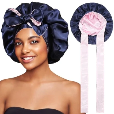 Afbeelding van Coubeau Satijnen slaapmuts voor dames, zijden slaapmuts, Kleur bonenpasta + lavendel
