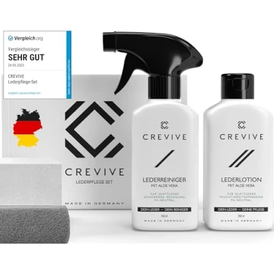 Afbeelding van CREVIVE Leerverzorgingsset incl. leerreiniger &amp; leerlotion met aloë vera + spons 2 x doek leerverzorging bank voor leren auto bank, jas, schoenen, tas
