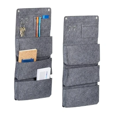 Afbeelding van Relaxdays Set van 2 hangorganizers met 4 vakken, haken, 65 x 30 cm (h b), voor badkamer, hal, kantoor, hangende organizer, vilt, grijs