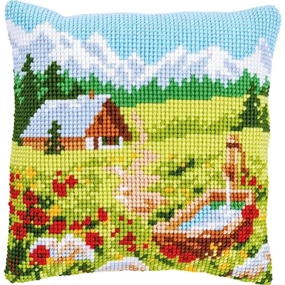 Afbeelding van Vervaco Bergweide met bloemen &amp; huisje Kruissteekkussen pakket PN 0147535