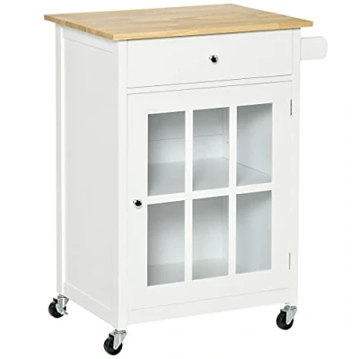 Afbeelding van HOMCOM Keukenwagen met wieltjes, meerdere opslag, glazen deurkast verstelbare plank, lade, theedoekhouder, wit, licht eiken look