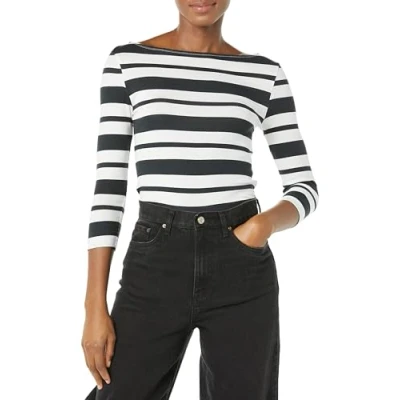 Image de Amazon Essentials T Shirt Col Bateau Uni Coupe Ajustée à Manches 3/4 Women&#039;s, Noir Blanc Motif Bandes, XS