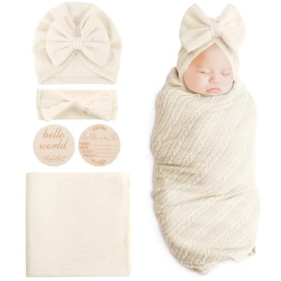 Afbeelding van DRESHOW Ontvangstdeken voor pasgeborenen, warm, meisjes, met bijpassende muts en hoofdband, kaart geboorte, 1 set: Birth Announcement Card + hoed haarband deken (beige)