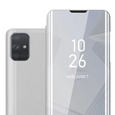 Afbeelding van Cadorabo Hoesje geschikt voor Samsung Galaxy A71 4G in AGAAT ZILVER Clear View Spiegel Beschermende Case met Tribunefunctie 360 Graden Bescherming Book Cover Etui