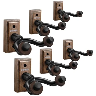 Image de Donner Lot de 6 crochets muraux en noyer noir pour instruments à cordes, guitares, basses, ukulélé folk, violon, mandoline, banjo, guitare
