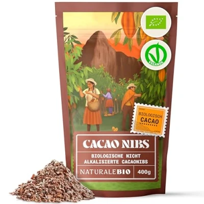 Image de Grué de Cacao Cru Bio 400g. Organic Raw Nibs. Naturel et Pur. Produit au Pérou par la Plante Theobroma Cacao. Source magnésium, potassium fer. NaturaleBio