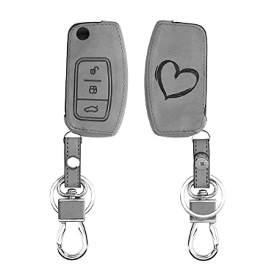 Afbeelding van kwmobile autosleutelhoes geschikt voor Ford 3 knops inklapbare autosleutel beschermhoes van imitatieleer Brushed Hart design grijs