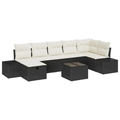 Afbeelding van vidaXL 8 delige tuinbankset met kussens zwart poly rattan