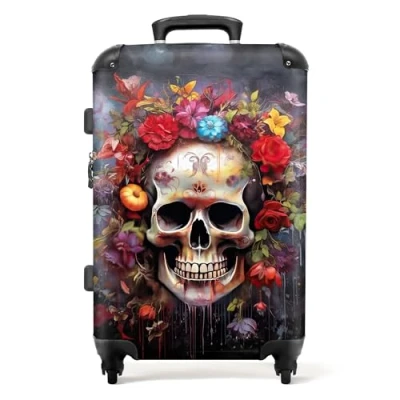 Afbeelding van NoBoringSuitcases.com® Rolkoffer, bagage voor dames en heren, cabinekoffers ruimbagage, Schedel donkere bloemen, Koffer