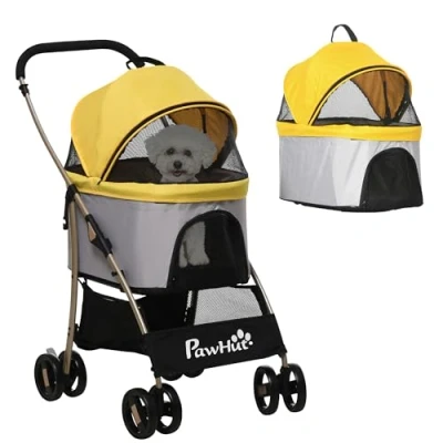 Afbeelding van PawHut 2 in 1 kinderwagen voor honden en katten, opvouwbare draagtas met kussen, kleine 4 wielen, netvenster, Oxford stof, geel