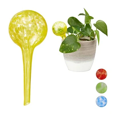 Afbeelding van Relaxdays waterdruppelaar 2 stuks glas waterbollen voor planten Ø 6 cm gekleurd geel