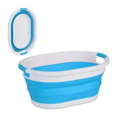 Afbeelding van Relaxdays opvouwbare wasmand 24 liter kunststof wasgoedmand inklapbare heupwasmand blauw