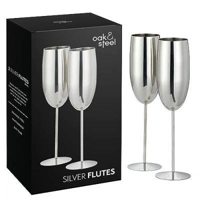 Afbeelding van Oak &amp; Steel 2 Roestvrijstalen Champagneglazen met Geschenkdoos Premium RVS (Zilver, 280ml) Elegant, Stevig en Onbreekbaar Cadeau voor Verjaardagen, Bruiloften Kerstmis