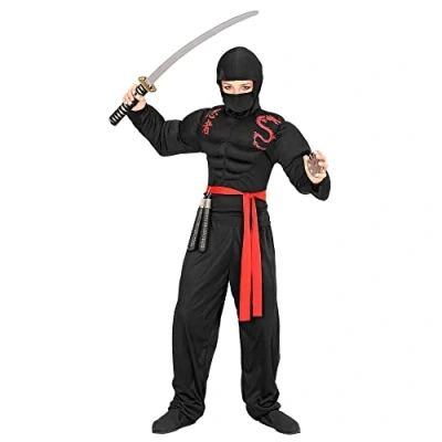 Afbeelding van WIDMANN Zwart gespierd ninja kostuum voor jongens 128 (5 7 jaar)