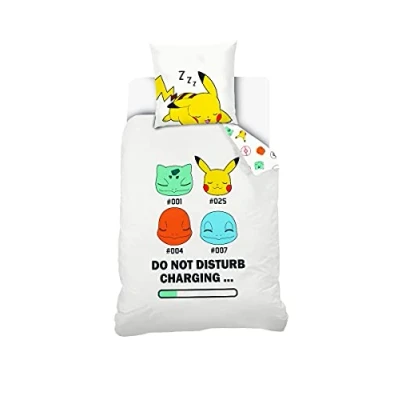 Image de NINTENDO Housse de couette Pokémon 140x200 cm + taie d&#039;oreiller Pikachu 63x63 Blanc 100% Coton
