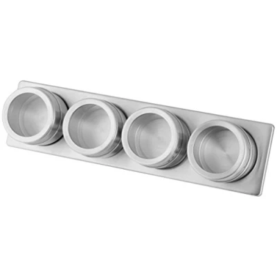 Afbeelding van Fackelmann 42122 Magneetstang met 4 opbergdozen voor kruidenpotjes wandmontage (zilver/transparant) Hoeveelheid: 1 stuk dozen