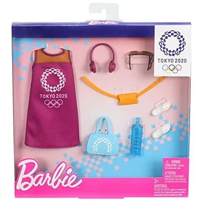 Afbeelding van Barbie Sport kledingset Tokyo 2020, een poppenoutfit bestaande uit jurk, witte schoenen en 5 accessoires, kinderspeelgoed, GJG33