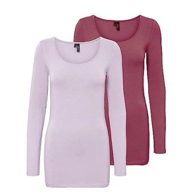 Afbeelding van VERO MODA 2 stuks damesblouses met lange mouwen, Roze/Paars (1 x Meidoornroos / 1 lavendelmist)