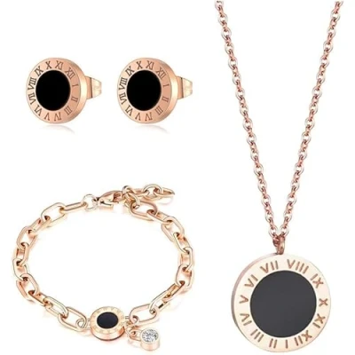 Afbeelding van RPAEOY Sieradenset voor dames, Romeinse cijfers, zirkonia, Roestvrij staal, verguld, verzilverd, oorbellen, armband, halsketting, elegant, bruiloft, avond, cadeau, staal