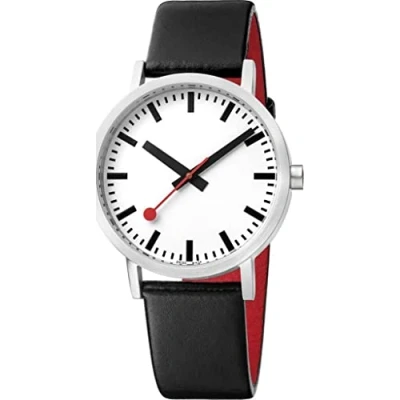 Afbeelding van Mondaine A660.30360.16OM Classic Pure Heren Horloge M660.30360.16OM Stationsklok Mineraalglas Roestvrijstaal/Leer Zilver/Zwart Ø 40 mm