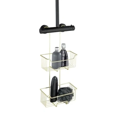 Afbeelding van WENKO Doucherek Milo 2 laags RVS goudkleur 25x55cm zonder boren hangend Douchemand Douchecaddy ophangbaar