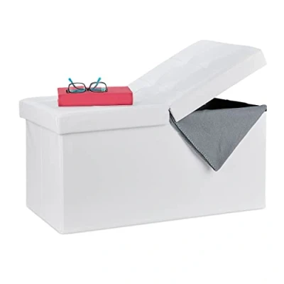 Afbeelding van Relaxdays Bank, met opbergruimte, opvouwbaar, lederlook, klapdeksel, kofferbakbank, wit