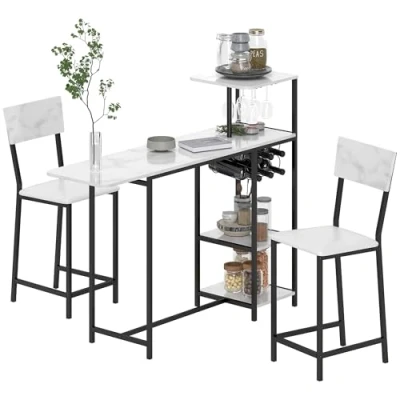 Afbeelding van HOMCOM Bartafel set met krukken, staeettafel 2 barstoelen, klapdeksel, wijnrek, glazen rek, open planken en voetensteun, marmeren effect, wit