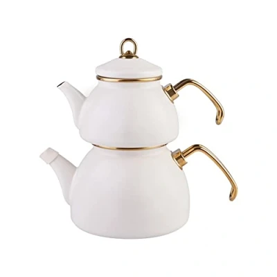 Afbeelding van Karaca Retro emaille theepot titanium theezeef 1,1 l kg 2,3 crème geschikt voor inductie, theepot, Turkse waterkoker