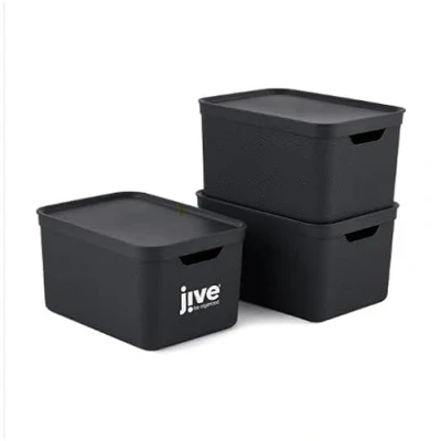 Image de Rotho Jive Lot de 3 boîtes rangement 16 l avec couvercle en plastique (PP recyclé), gris foncé, x l, 36,5 27 cm