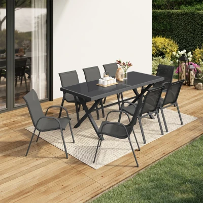 Afbeelding van SANTORIN tuinset 190cm betonnen effect tafelblad en 8 antraciet grijze stapelstoelen