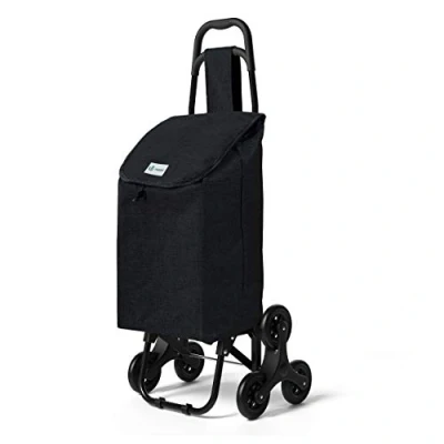 Afbeelding van VOUNOT Boodschappentrolley met 6 wielen en waterdicht vak, opvouwbaar, 2 in 1, tas van Oxford materiaal, trolley, trappenwagentje, zwart